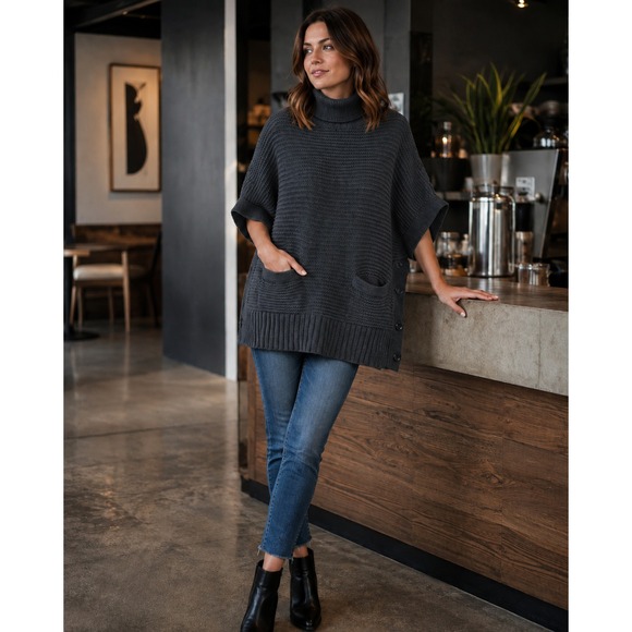 J.CREW Sweaters - J. Crew Turtleneck Poncho Faded Black Oversized Chunky Knit Ribbed Small Pockets